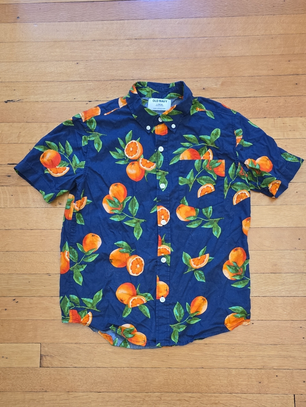 Old Navy, Orange Print, Short Sleeve Button Down, Blue, EUC, Boys L (10-12)